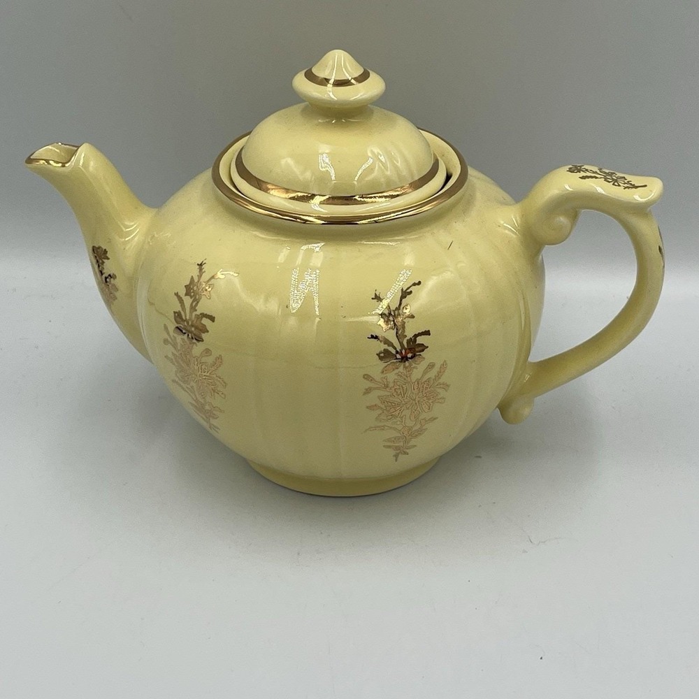 Vintage Pearl China Teapot Yellow with Lid 22K Trim And Flowers 5.5" Antique
